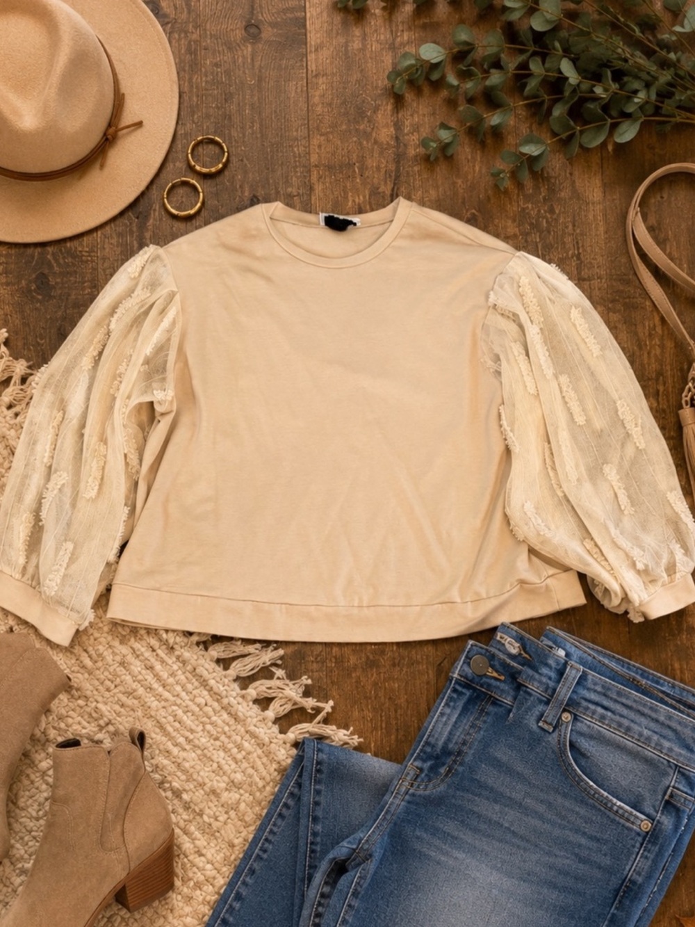 Emelia Cream Embroidered Sheer Balloon Sleeve Sweatshirt XXL